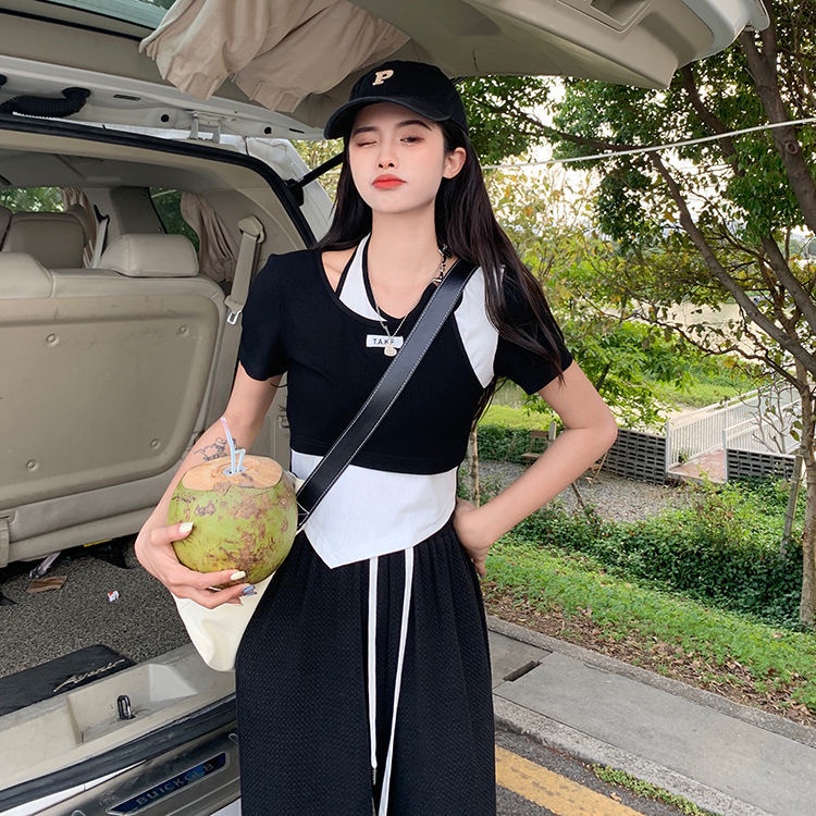 COZOK Áo Thun Tay Ngắn Dáng Ôm Phối Màu Tương Phản Trẻ Trung Phong Cách Hàn Quốc Hợp Thời Trang