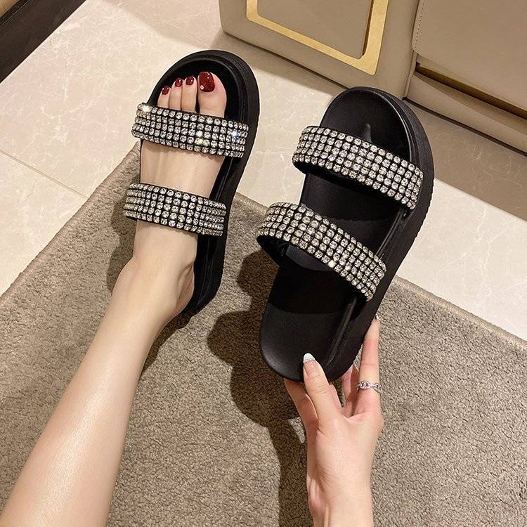 Dép Sandal Đế Dày 5Cm Đính Đá Thời Trang Đi Biển Phong Cách Hàn Quốc Cho Nữ