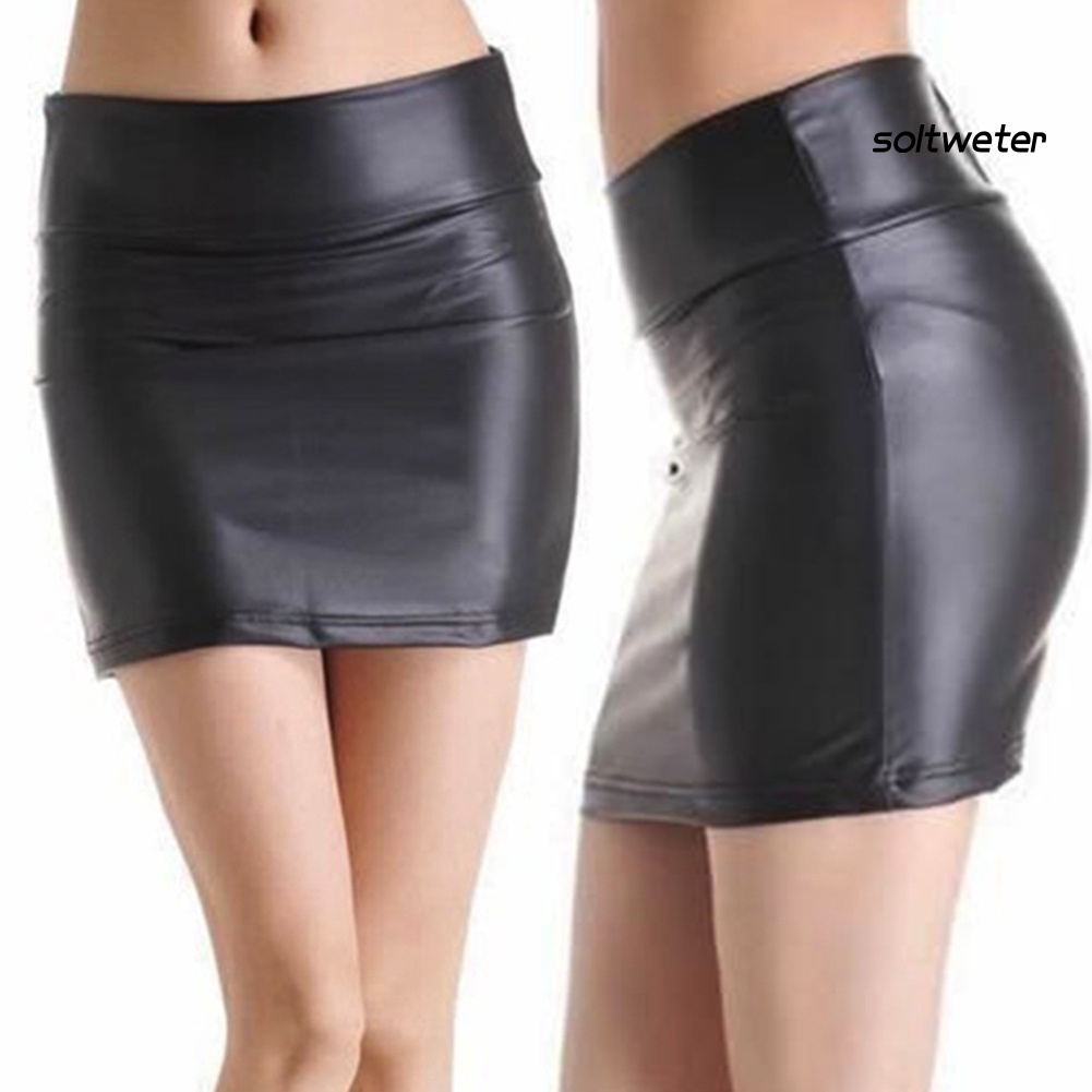 Chân Váy Bút Chì Mini Lưng Cao Bằng Da Giả Xẻ Tà Thời Trang Cho Nữ