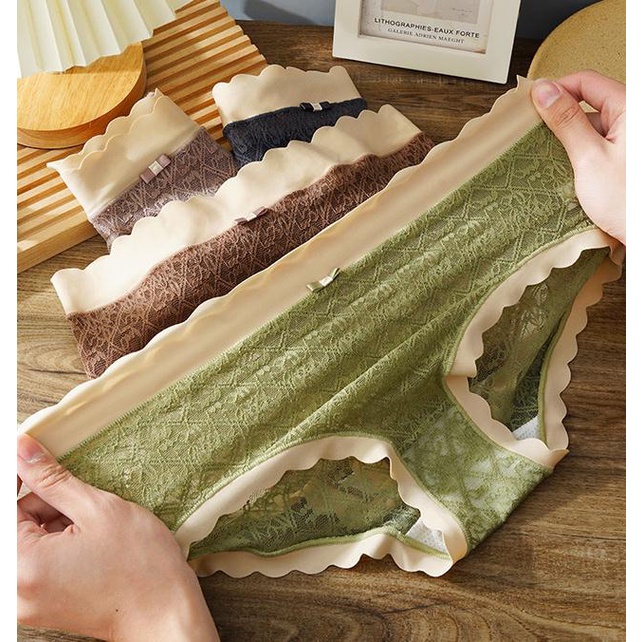 142849Quần Lót Cotton Lưng Vừa Phối Ren Quyến Rũ Thoáng Khí Cho Nữ