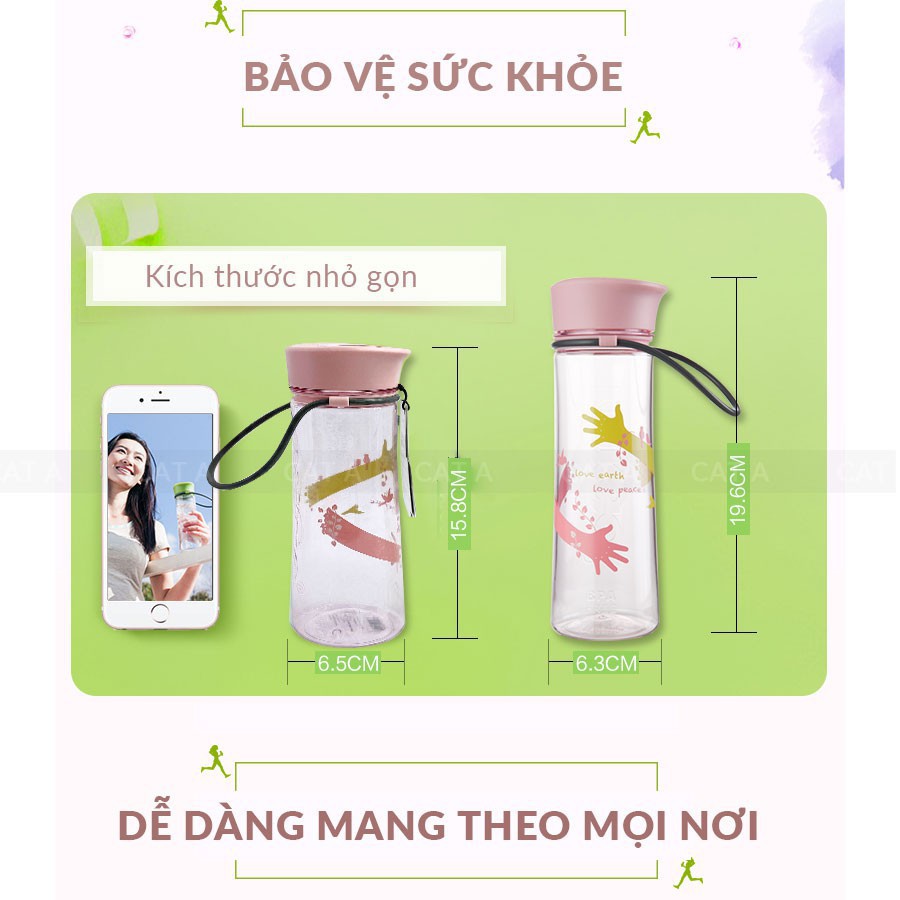 [470ml - 1521] BÌNH ĐỰNG NƯỚC FREE MIGO, BÌNH NƯỚC BẰNG NHỰA  BPA  Cao cấp  - An toàn, trong suốt, có rây lọc, quai xách