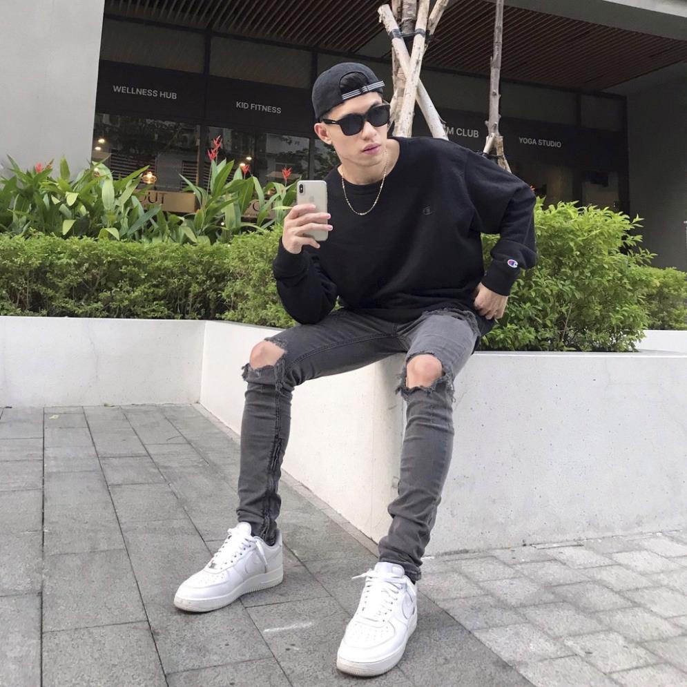 Quần Jean Nam Streetwear Cao Cấp FNOS Z11 Màu Xám - Rách Gối Form Slimfit - Có Zip Jean Thun Co Giãn. *