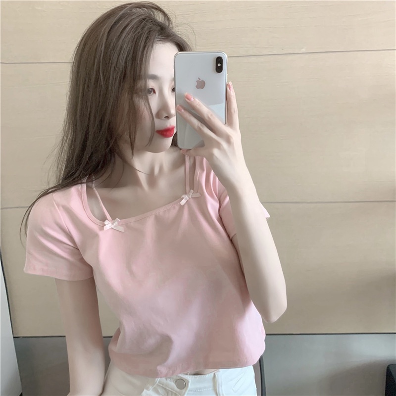 Áo Thun Nữ Ngắn Tay Cổ Vuông Thắt Nơ Phong Cách Mới Mùa Hè