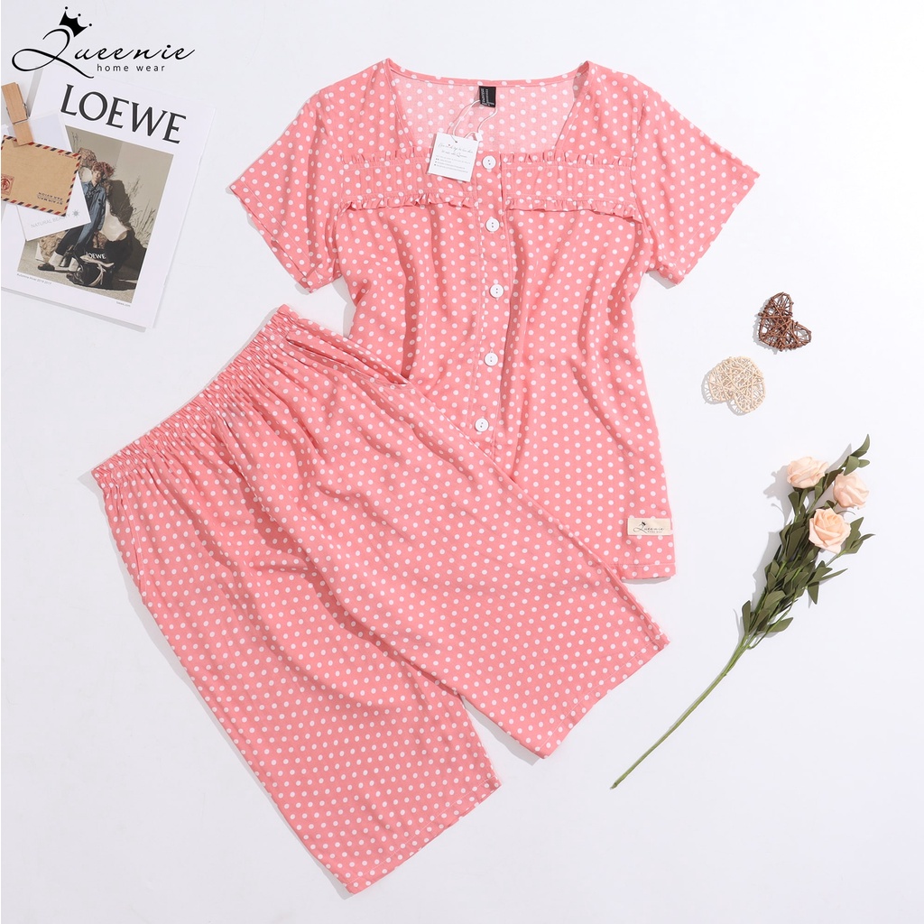Bộ tole lanh mặc nhà nữ lửng cổ vuông cài nút tiểu thư - Đồ mặc nhà Queenie