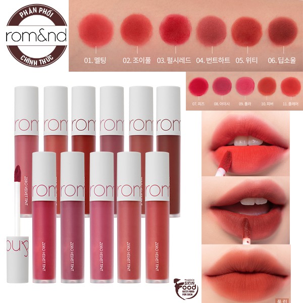 [Full 25 màu] Son kem lì, lên màu chuẩn Hàn Quốc Romand Zero Velvet Tint 5.5g (05 đỏ gạch, 06 đỏ nâu, 20 đỏ trầm)