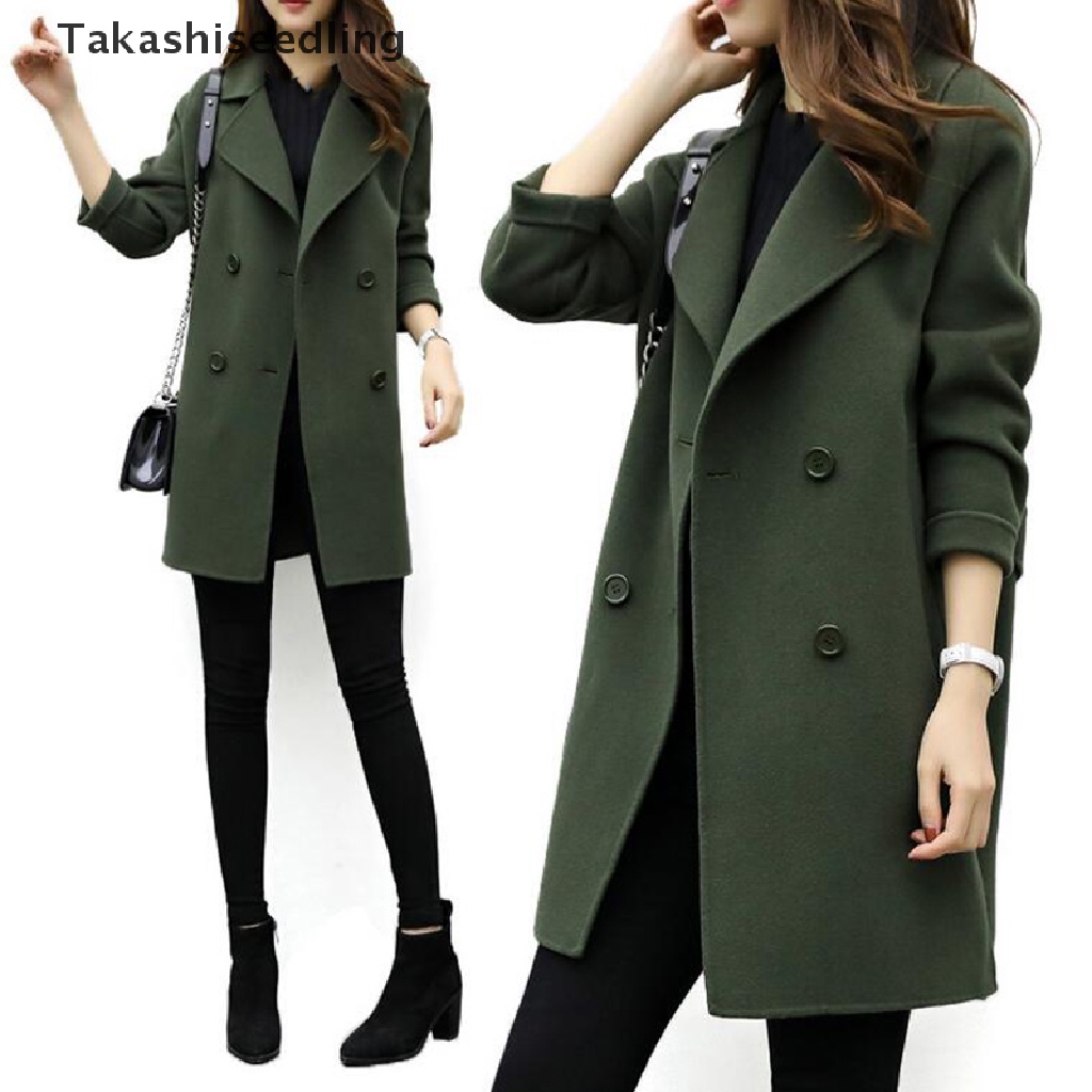(Takashiseedling) Áo Khoác Len Dáng Dài Màu Trơn Dáng Ôm Giữ Ấm Mùa Đông Cho Nữ