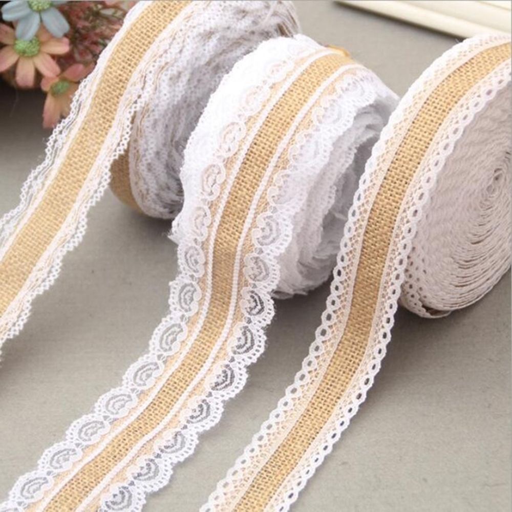 Cuộn dây ruy băng hessian bằng organza phối ren dài 2m dùng trang trí thời trang