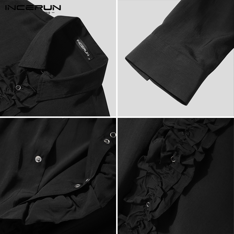 Áo sơ mi INCERUN tay dài phối bèo và nút phong cách Hàn Quốc thời trang cho nam