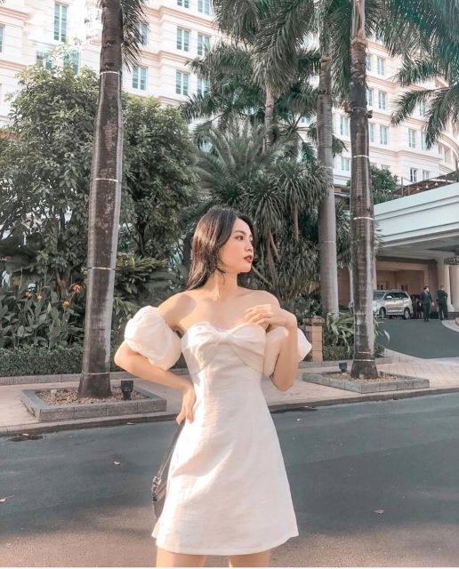 Đầm trắng cúp ngực hình nơ trễ vai tay phồng - Miky Dress T153(Có Ảnh Thật ,Video Thật)