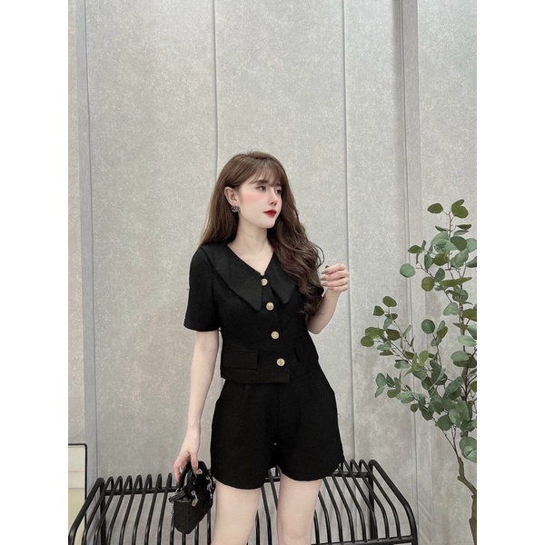 Sét bộ thời trang nữ mặc đi chơi chất kaki bố y mẫu áo cổ vạc bèo nhọn mix quần đùi