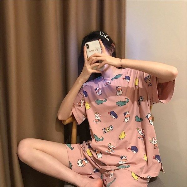 ( Xả Hàng) Bộ Cotton Thun Mát Mặc Nhà Mùa Hè Màu Hồng Hình Siêu Cute