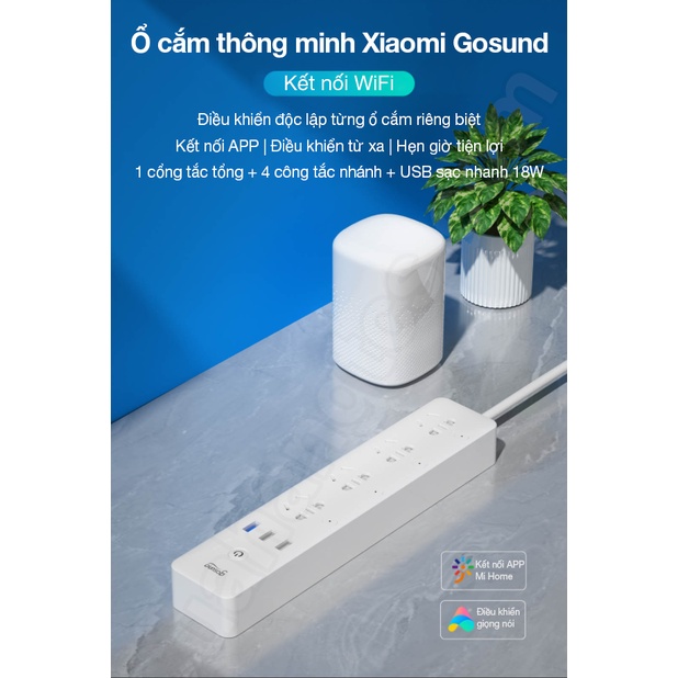 Ổ cắm Xiaomi Gosund Power Strip Wifi thông minh CP5 Wifi 4 ổ 3 USB