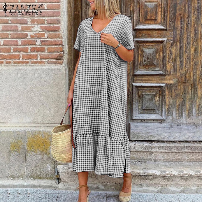 Đầm dáng rộng Zanzea tay ngắn cổ chữ v thời trang trẻ trung cho nữ
