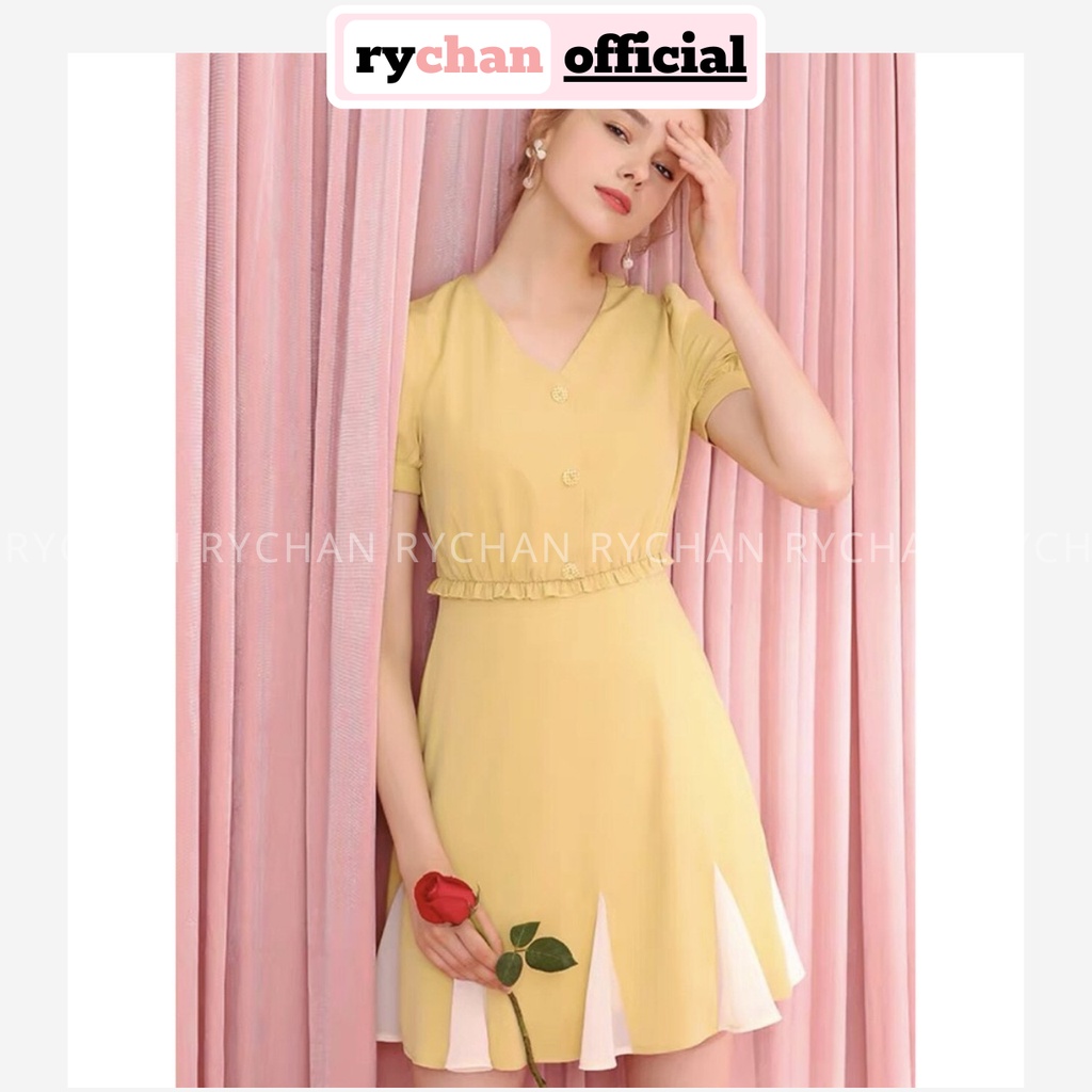 Đầm Xòe Vàng Cổ V Đính Nút - DX0011