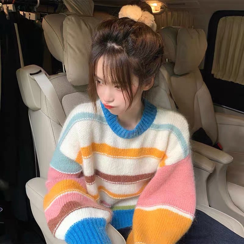 Áo sweater dáng rộng màu sắc cầu vồng thời trang mùa thu cho nữ