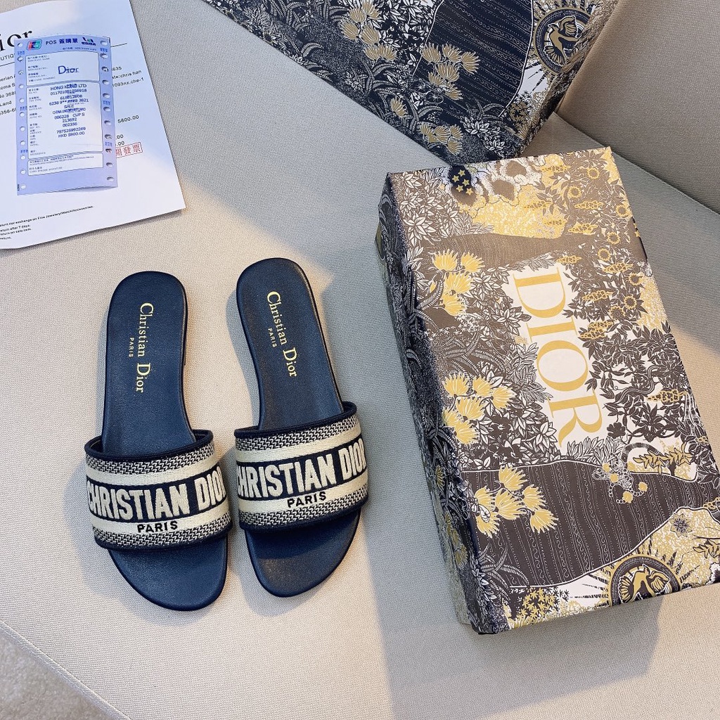 (Xanh Navy) Dép Sandal Phẳng Thêu Họa Tiết Chất Liệu Cotton Cho Nữ