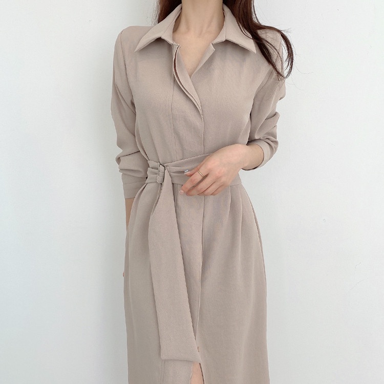 Đầm sơ mi thắt eo giấu cúc dáng dài công sở phong cách nhẹ nhàng vintage