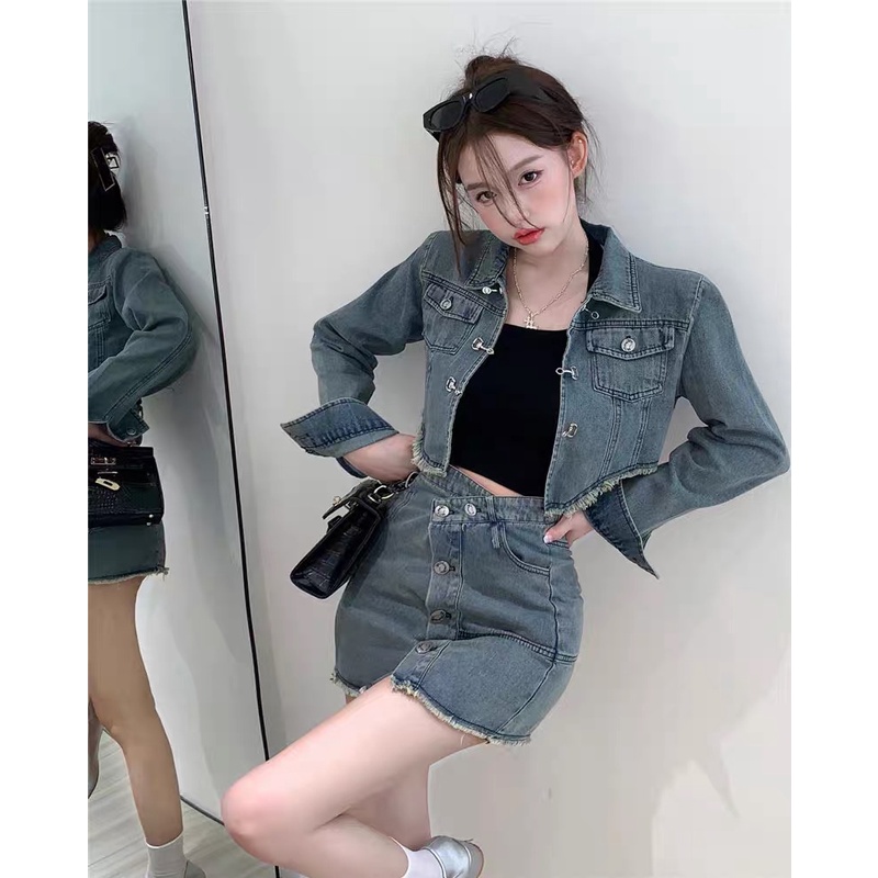 JB006 Set jeans thu đông croptop bò tay dài chân váy xếp ly chất đẹp Sẵn IB Giảm 30K