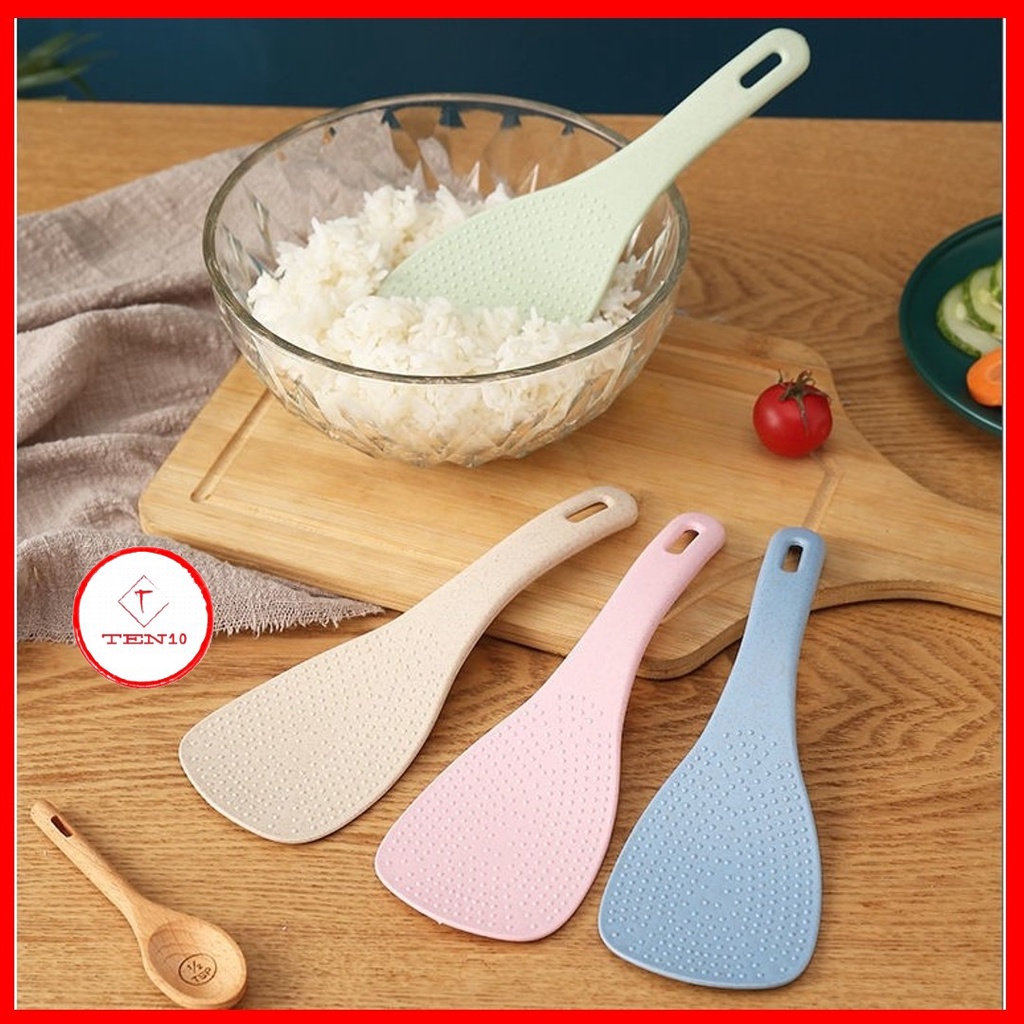 Muôi vá múc xới cơm chống dính nhựa lúa mạch có tay cầm chắc chắn có lỗ treo nhiều màu xanh, hồng, trắng