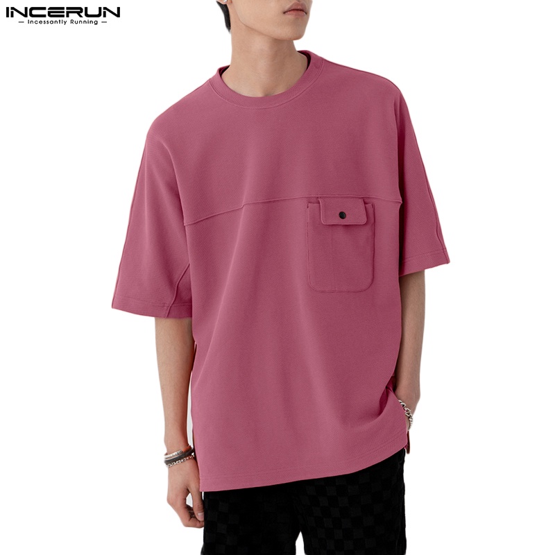 Áo thun INCERUN tay ngắn cổ tròn dáng rộng phối lưới ngọc trai phong cách Hàn Quốc độc đáo cho nam
