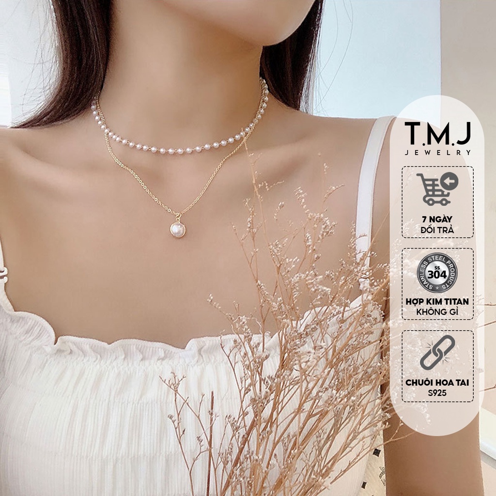 Dây chuyền nữ, vòng tay nữ, khuyên tai nữ T.M.J chất liệu titan không gỉ cao cấp kết hợp với ngọc tai nhân tạo - combo1