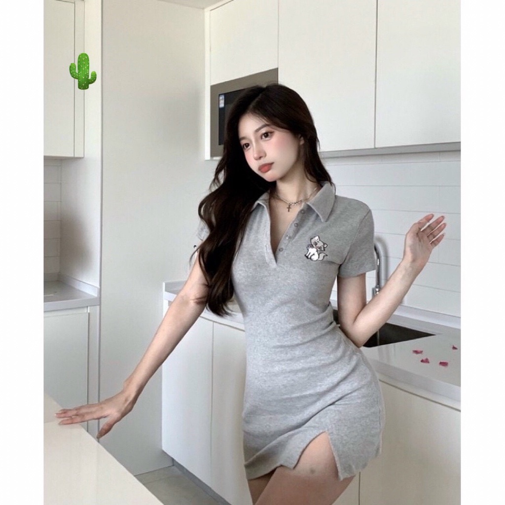 Đầm polo cổ bẻ thêu mèo bên ngực cực xinh , chất thun bozip mềm mịn dày dặn