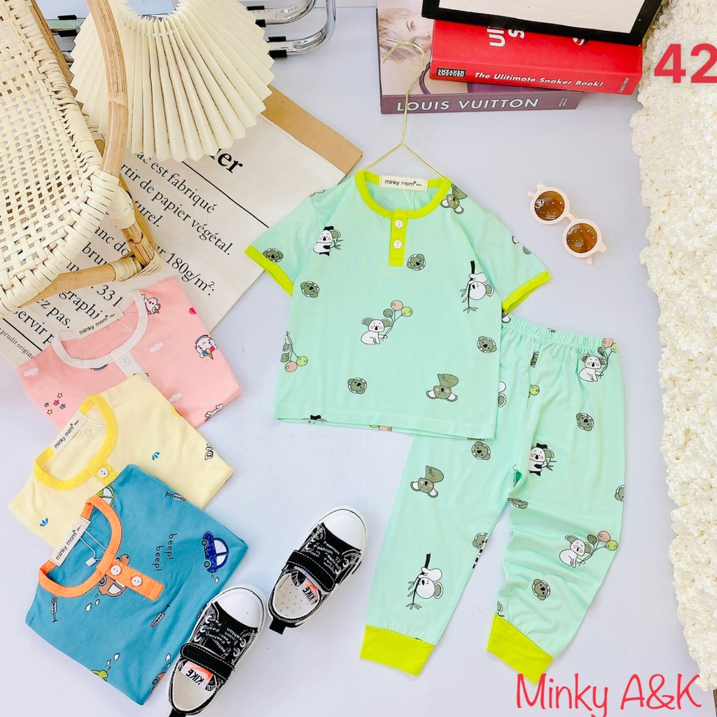 [Bé 7-21kg] Bộ tay ngắn quần dài thun lạnh in toàn thân Minky Mom cho bé trai bé gái ( hàng chuẩn loại 1)