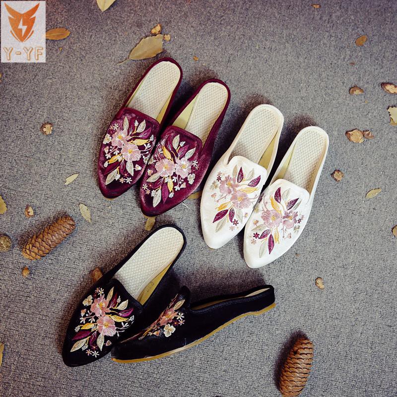 [OneY]2018 Summer New Products Old Beijing Cloth Shoes Embroidered Slippers Chinese Ethnic Style Retro Shiny Fashion Slippers Women's Shoes