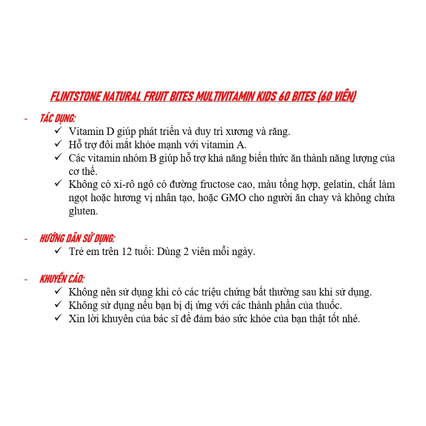 [DATE 04/2022] FLINTSTONE NATURAL FRUIT BITES MULTIVITAMIN KIDS 60 BITES (60 VIÊN)