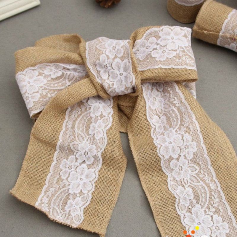 ✿ Cuộn Ruy Băng Vải Bố Tự Nhiên Phối Ren Trắng Trang Trí Ghế Đám Cưới