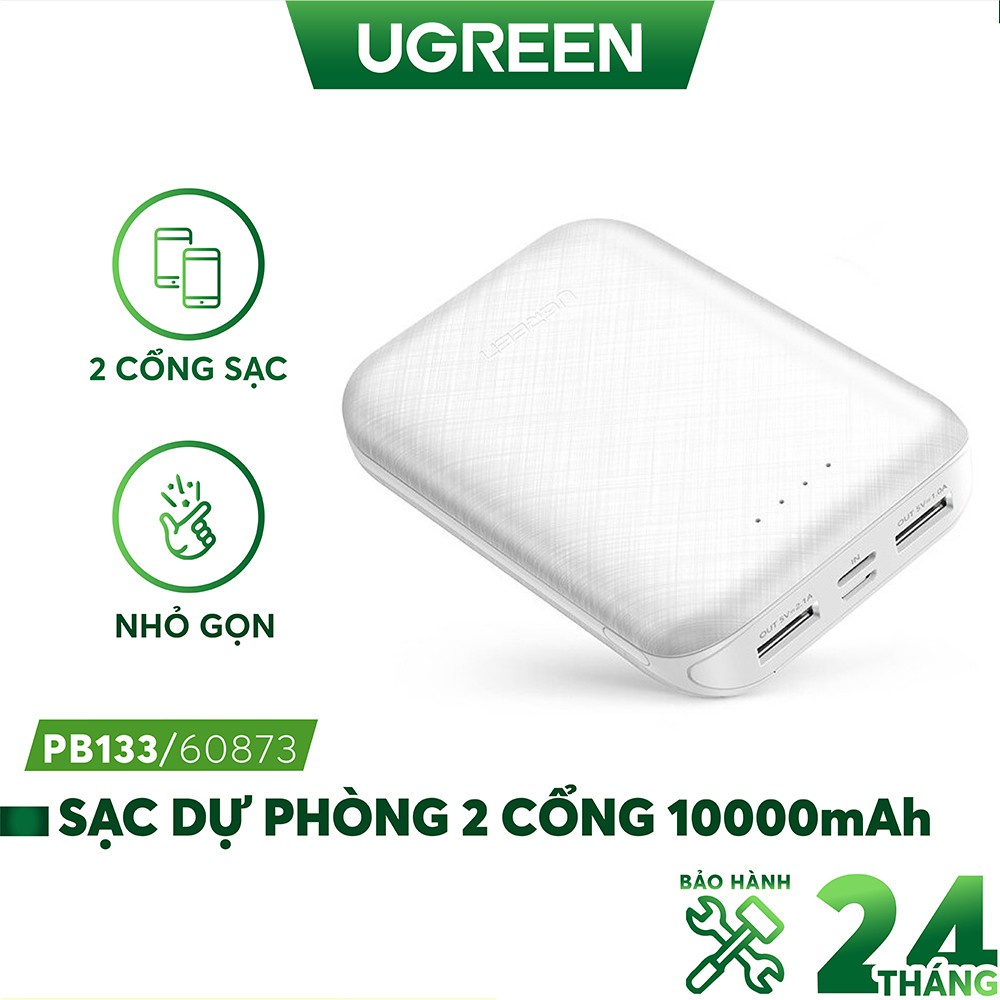 Sạc dự phòng 10000mAh UGREEN PB133 - 2 cổng sạc USB sử dụng cùng lúc 2 điện thoại, input MicroUSB USB-C