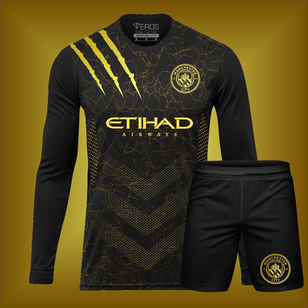 Áo đá bóng, quần áo bóng đá, áo Manchester City Đen Vàng tay dài - Chất thun lạnh cao cấp, bền, thoáng