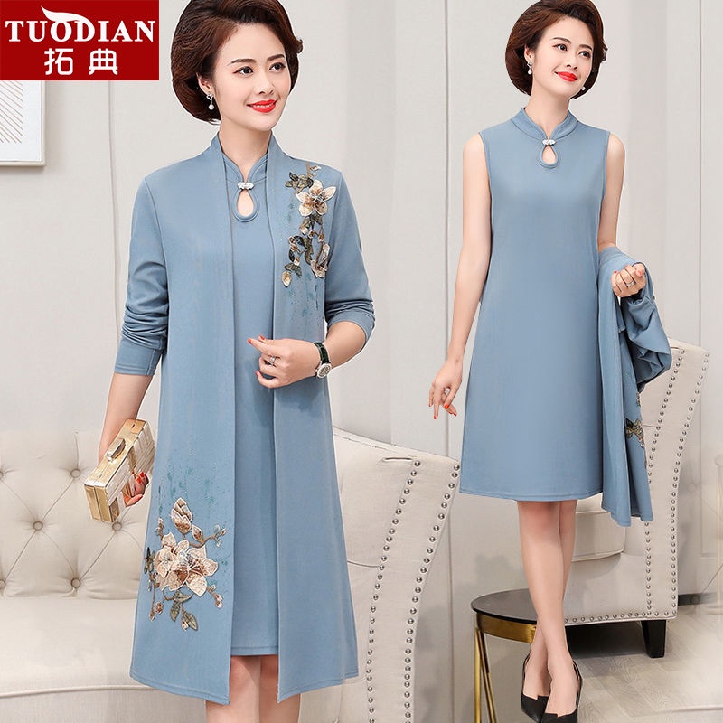﹊Phụ nữ trung niên váy mùa xuân mẹ dài trên đầu gối 2021 new plus size sườn xám và cao tuổi | BigBuy360 - bigbuy360.vn