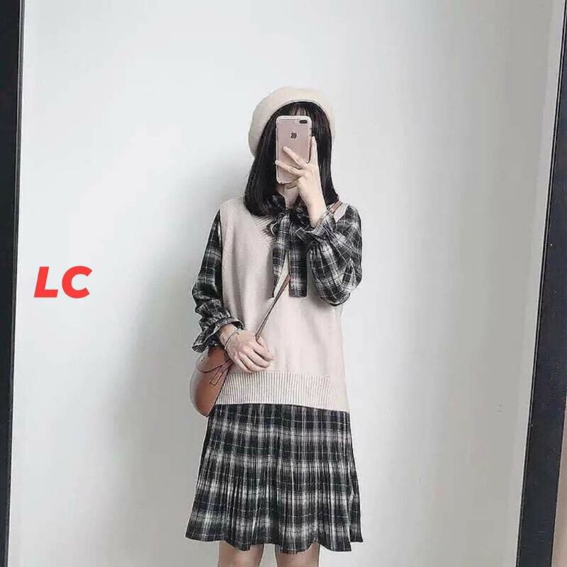 Váy Kẻ Caro Nơ Cổ Babydoll Ulzang