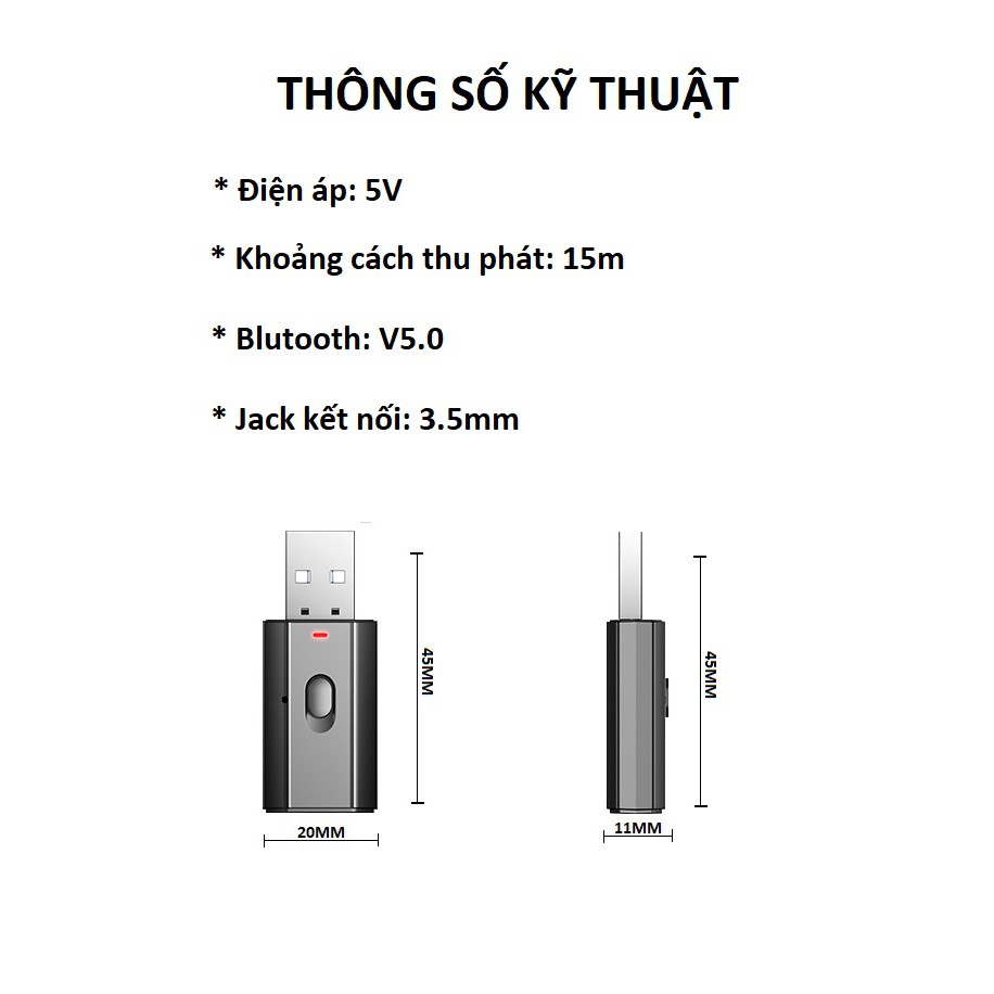 USB bluetooth V5.0 2 chức năng thu và phát kết nối tivi, máy tính, loa, amply, tai nghe bluetooth, loa ô tô jack 3.5mm
