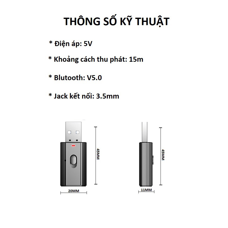 Thiết bị thu phát âm thanh USB bluetooth V5.0 kết nối tivi, loa, amply, tai nghe bluetooth, loa ô tô jack 3.5mm