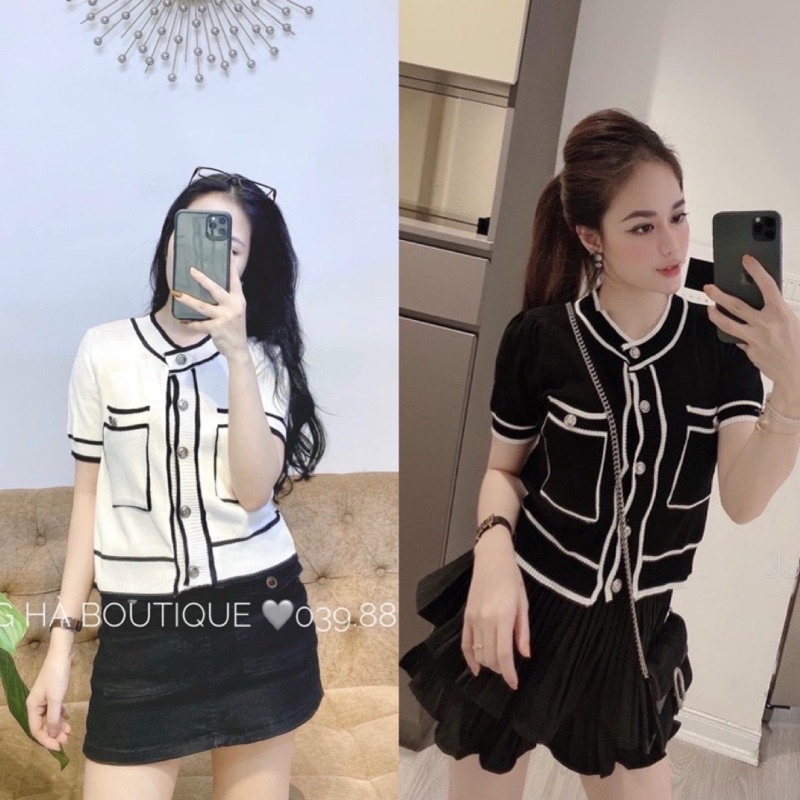 BÁN SỈ ÁO LEN ĐEN VIỀN TRẮNG CÚC BẠC CHO NỮ