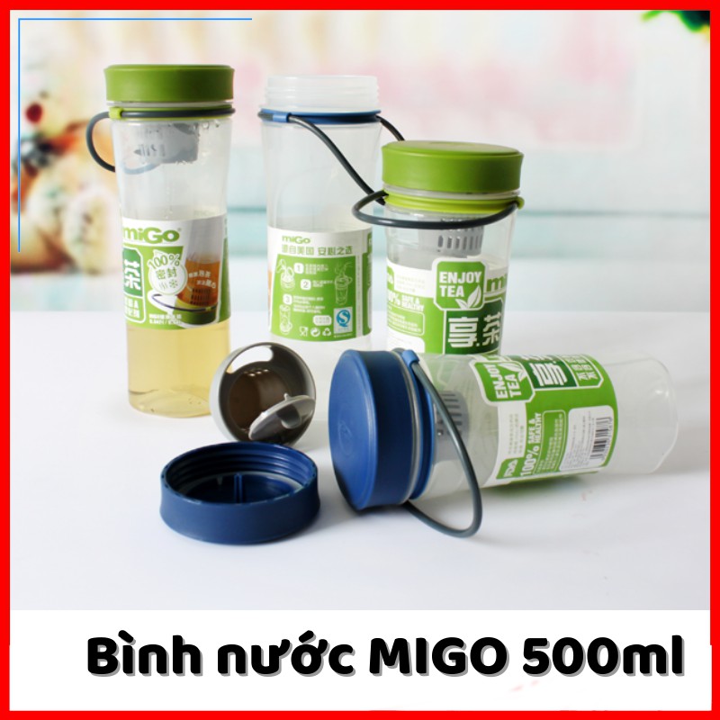 Bình đựng nước, bình nước bằng Nhựa BPA FREE MIGO Cao cấp - 1522 - An toàn, trong suốt, có rây lọc, quai xách TA2