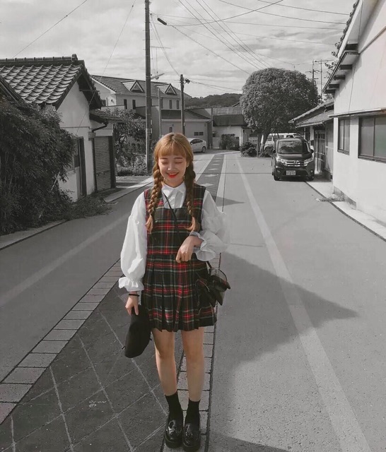 Set váy caro kèm áo sơmi tay bồng ( caro yếm đỏ ) | BigBuy360 - bigbuy360.vn