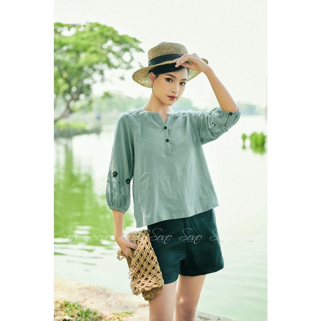 Sono - Áo Thêu 2 Tay Chất Liệu Cao Cấp Tay Lửng Thêu Hoa
