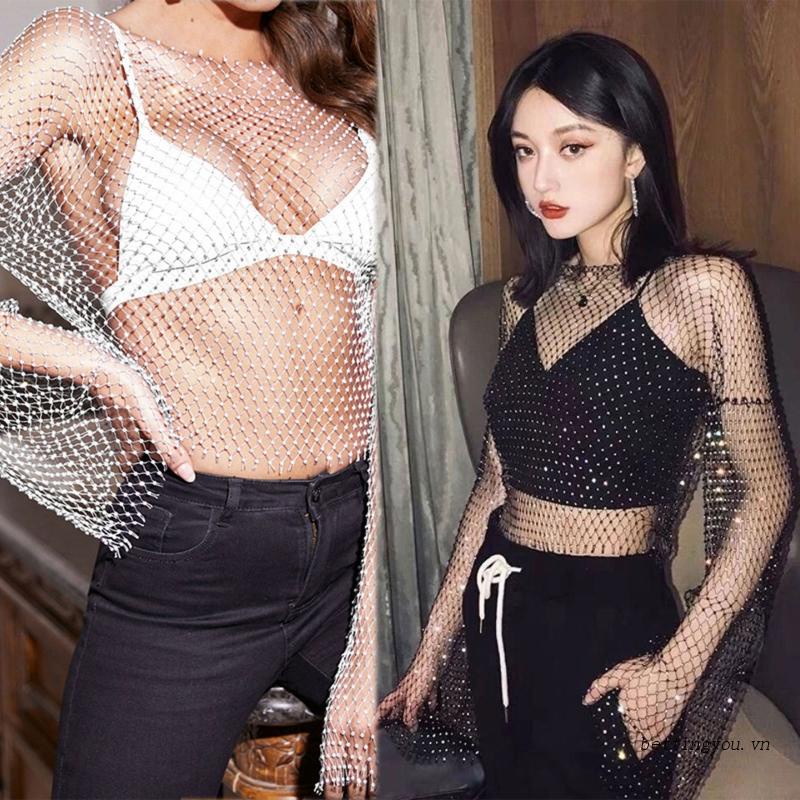 Áo Croptop Lưới Tay Loe Đính Đá Quyến Rũ Cho Nữ