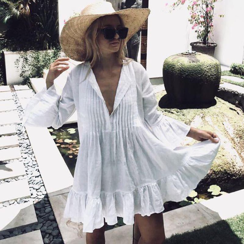 Bộ Đồ Bơi Tay Loe Dài Che Phủ Xếp Ly Cài Nút Thời Trang Mùa Hè Cho Nữ