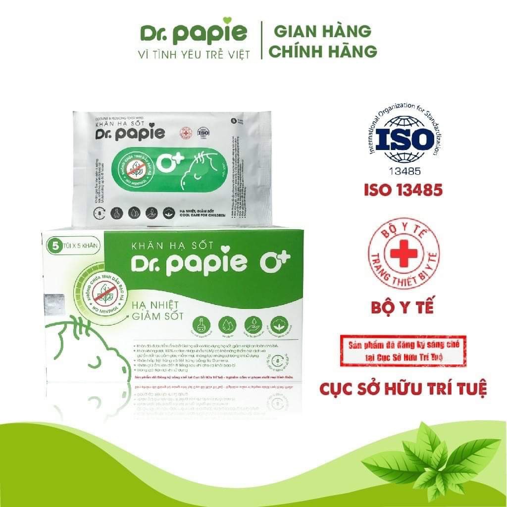 [CHÍNH HÃNG] Khăn lau hạ sốt cho bé từ sơ sinh hộp 5 gói x 5 khăn Dr Papie