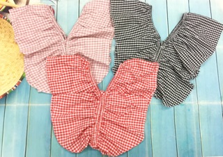 (Xả kho giá gốc) Áo kiểu caro cổ V bèo đẹp (hình chụp thật kế bên)