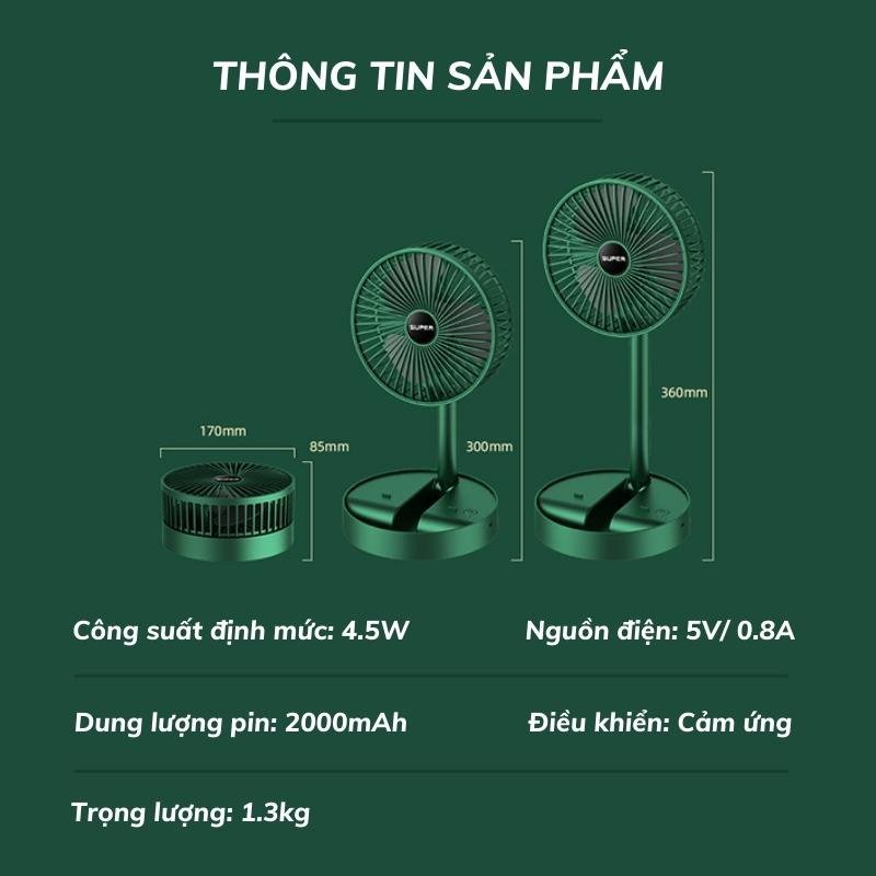 Quạt Tích Điện Super - FREE SHIPGấp Tròn Siêu GọnChạy Êm, Dễ Vệ Sinh