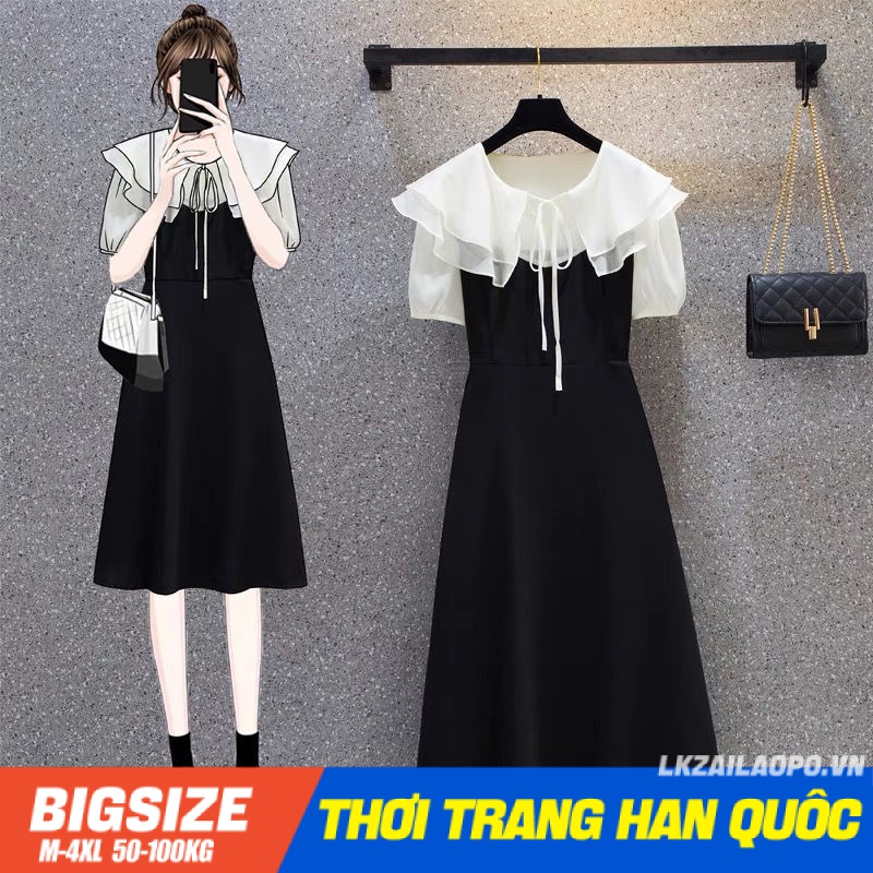 đầm dự tiệc sang trọng dáng suông bigsize Váy nữ tay ngắn cổ bèo che bụng mỡ ôm eo mùa hè Phong cách Hàn Quốc Thời Trang cá tính xinh đẹp cho người mập béo