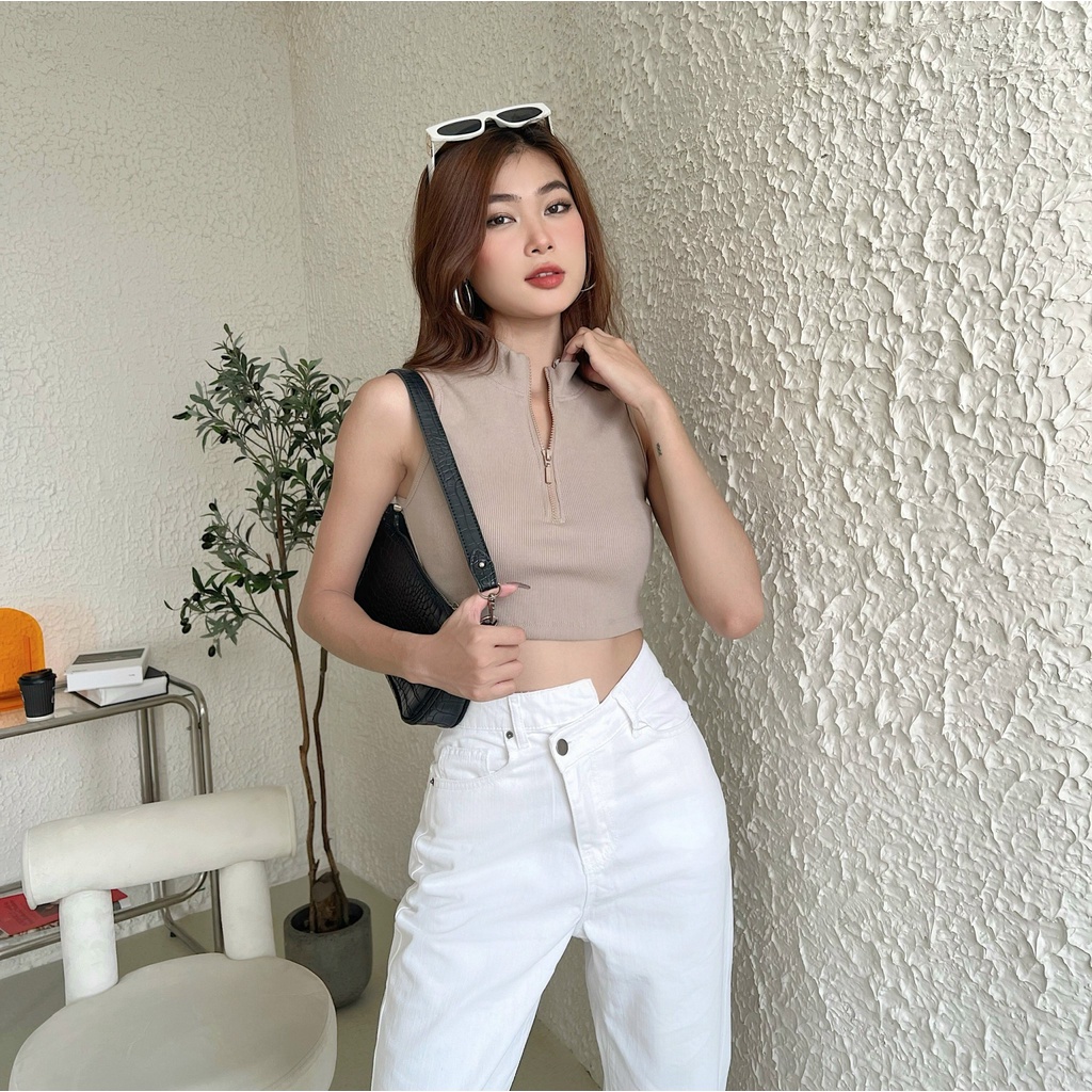 Áo croptop nữ trơn TOPTIFY sát nách dây kéo cổ lọ thun bo gân co giãn My Sunshine Top AC238