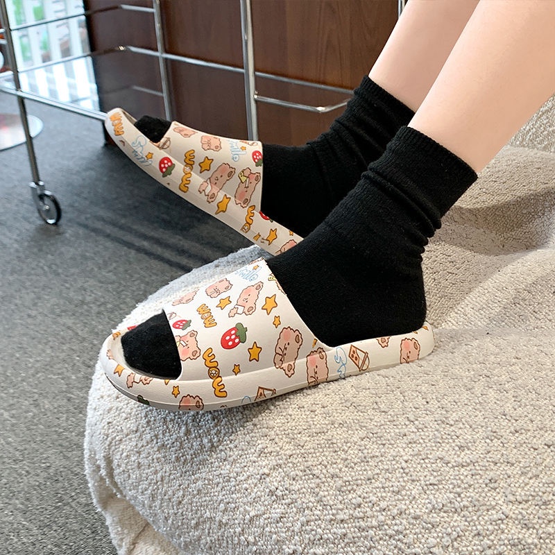 Dép quai ngang nữ đế bánh mì họa tiết gấu dễ thương hottrend