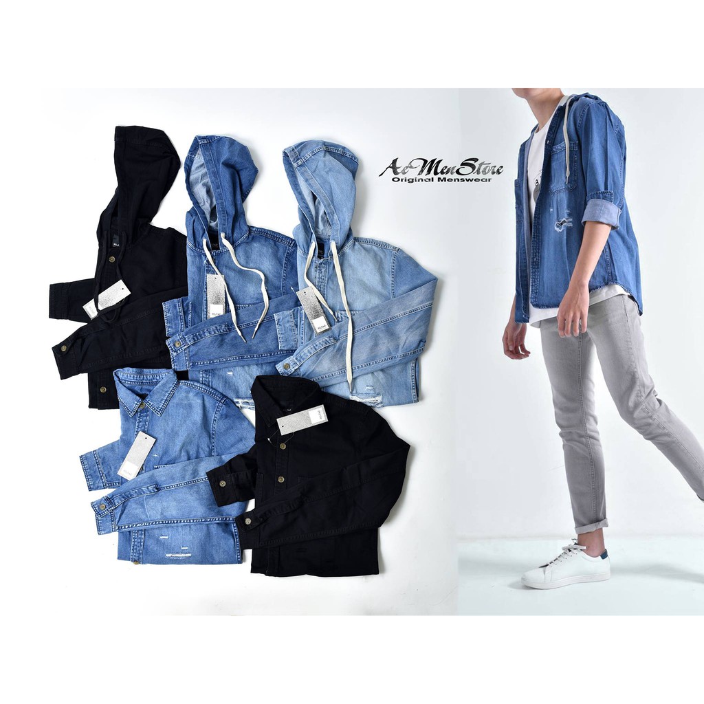 Áo Sơ mi nam Denim rách xanh đậm wash tay Routine