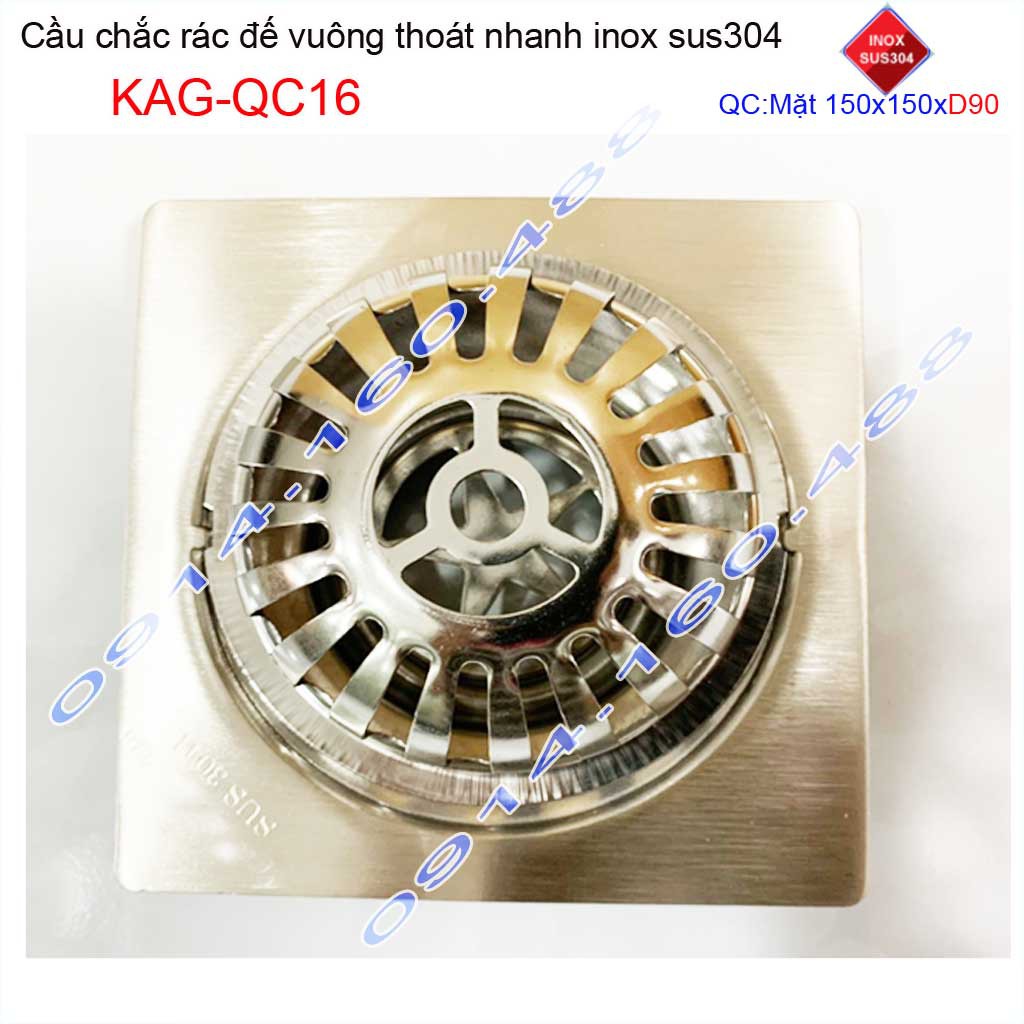 Cầu chắn rác đế vuông 15x15cm D90 KAG-QC16, Phễu thoát nước sân thượng SUS304 ống 9cm thoát nhanh chắn rác tốt